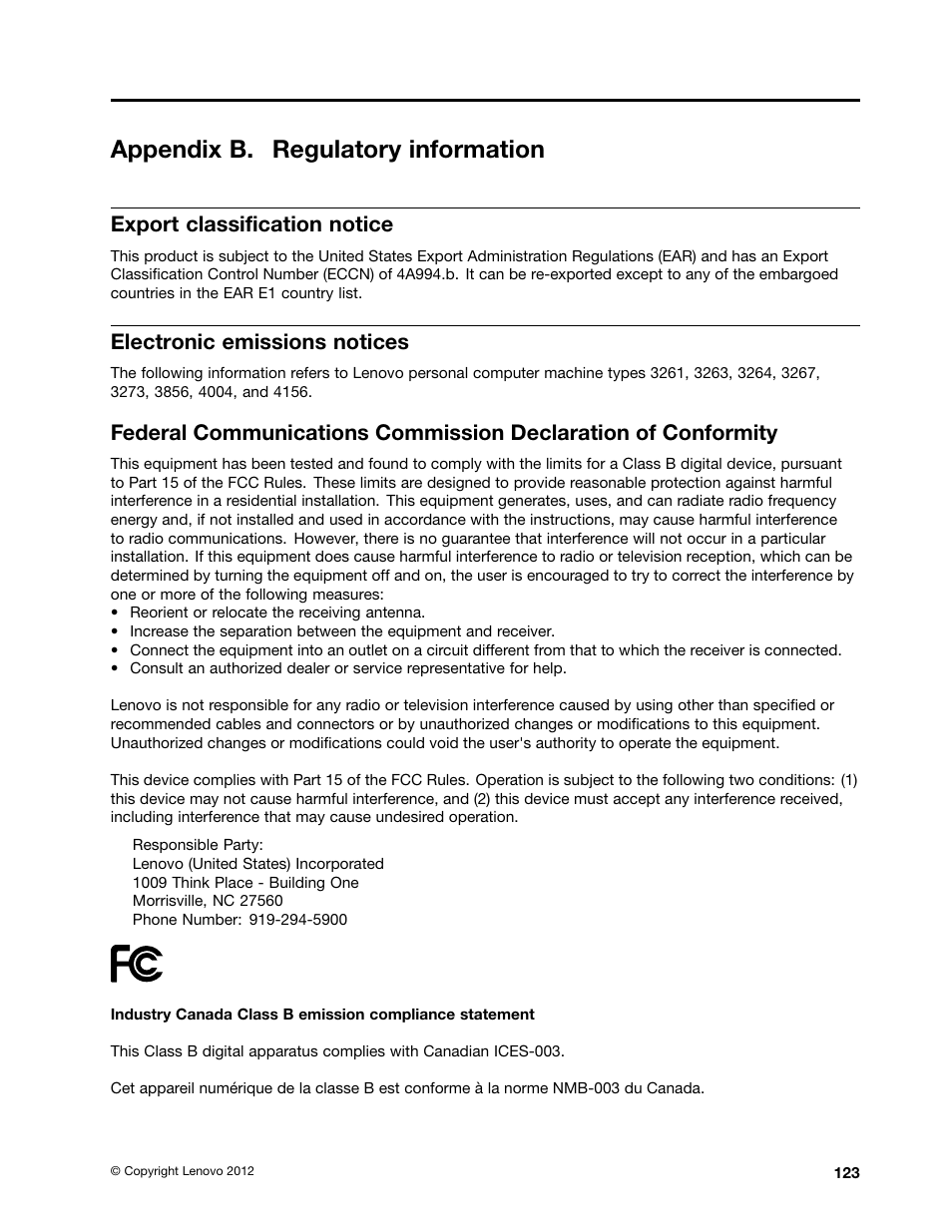 Appendix b. regulatory information, Export classification notice, Electronic emissions notices | Lenovo 3273 User Manual | Page 137 / 154