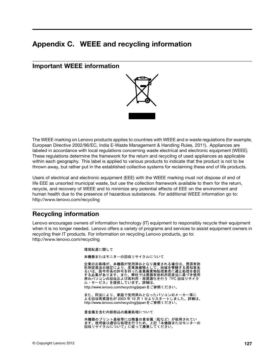 Appendix c. weee and recycling information, Important weee information, Recycling information | Lenovo 3273 User Manual | Page 141 / 154