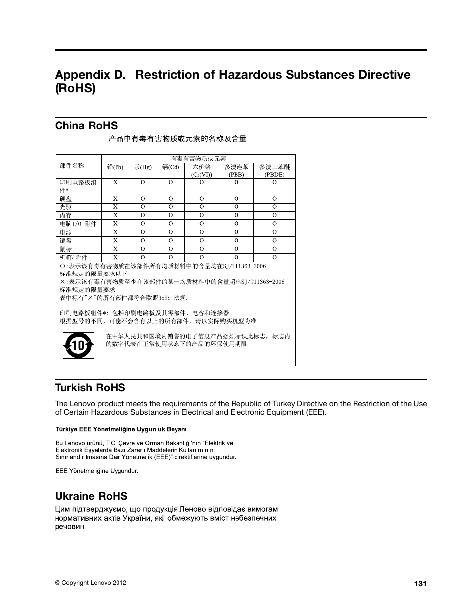 China rohs, Turkish rohs, Ukraine rohs | Lenovo 3273 User Manual | Page 145 / 154