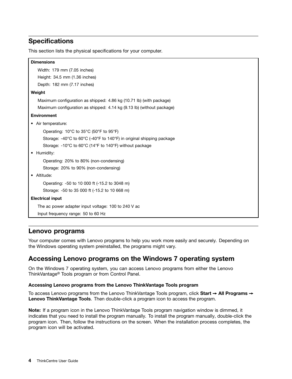 Specifications, Lenovo programs | Lenovo 3273 User Manual | Page 18 / 154