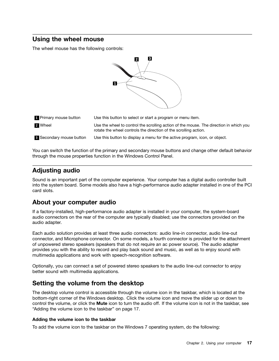 Using the wheel mouse, Adjusting audio, About your computer audio | Setting the volume from the desktop | Lenovo 3273 User Manual | Page 31 / 154