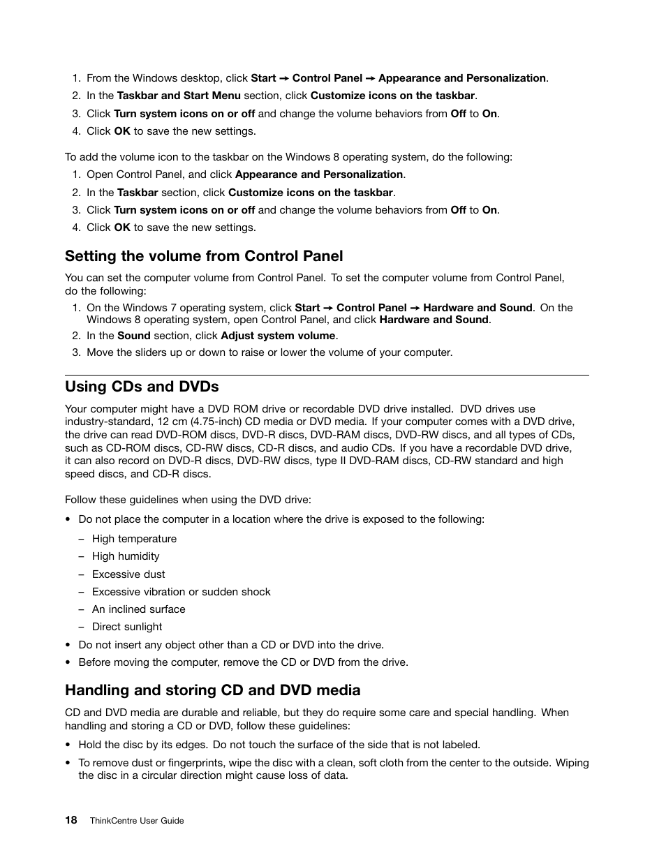 Setting the volume from control panel, Using cds and dvds, Handling and storing cd and dvd media | Lenovo 3273 User Manual | Page 32 / 154