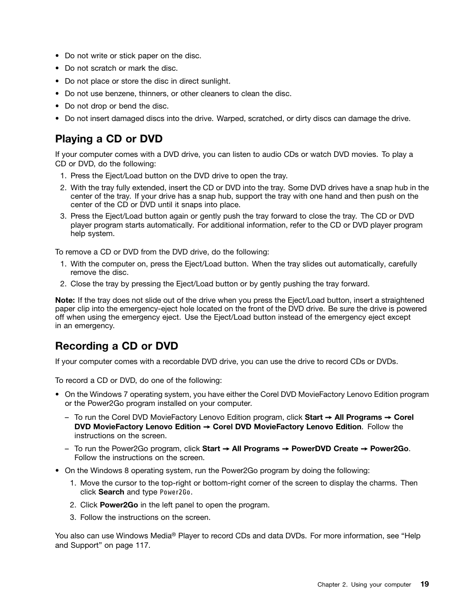 Playing a cd or dvd, Recording a cd or dvd | Lenovo 3273 User Manual | Page 33 / 154