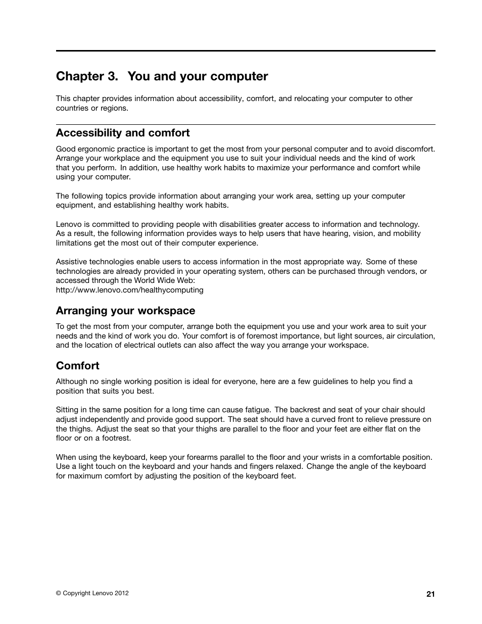 Chapter 3. you and your computer, Accessibility and comfort, Arranging your workspace | Comfort | Lenovo 3273 User Manual | Page 35 / 154