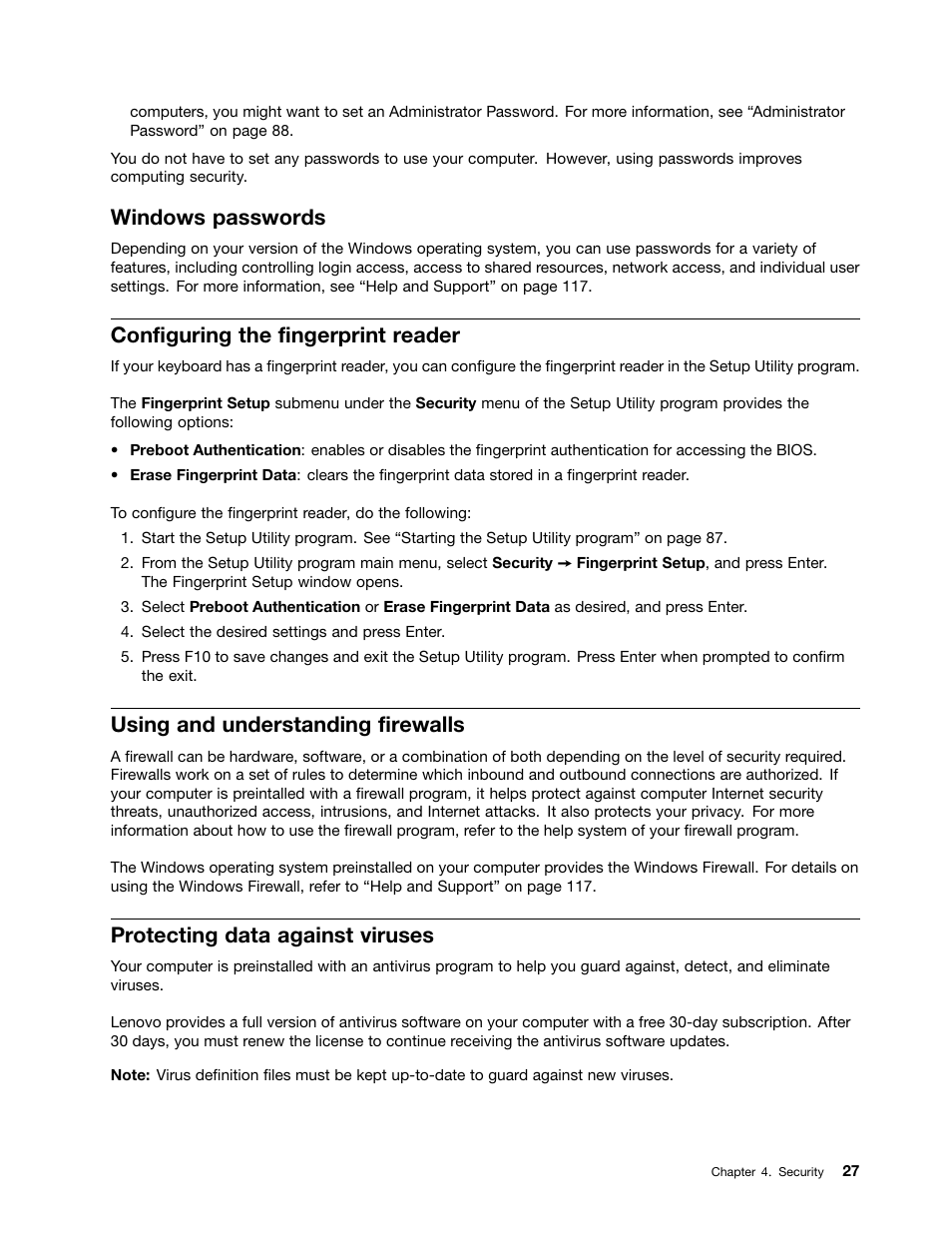 Windows passwords, Configuring the fingerprint reader, Using and understanding firewalls | Protecting data against viruses | Lenovo 3273 User Manual | Page 41 / 154