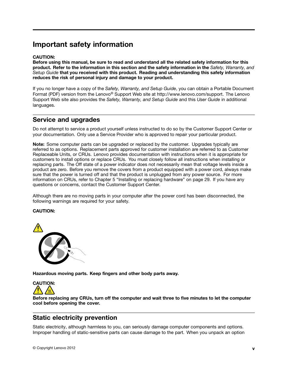 Important safety information, Service and upgrades, Static electricity prevention | Important safety information . . . . . . v | Lenovo 3273 User Manual | Page 7 / 154