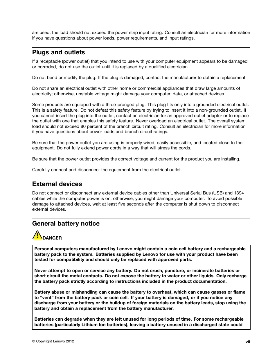 Plugs and outlets, External devices, General battery notice | Lenovo 3273 User Manual | Page 9 / 154