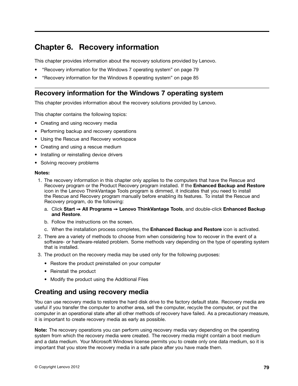 Chapter 6. recovery information, Creating and using recovery media | Lenovo 3273 User Manual | Page 93 / 154