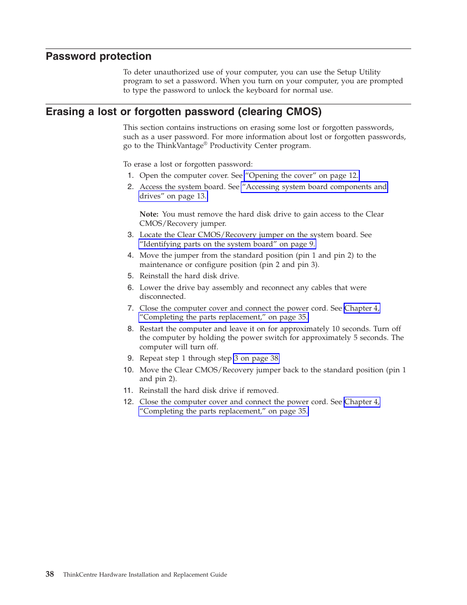 Password protection, Password, Protection | Erasing, Lost, Forgotten, Clearing, Cmos) | Lenovo 7360 User Manual | Page 46 / 52