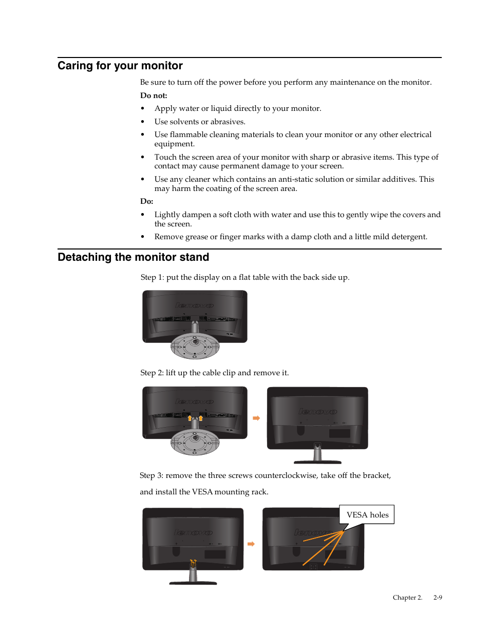 Caring for your monitor, Detaching the monitor stand | Lenovo L2062 User Manual | Page 18 / 27