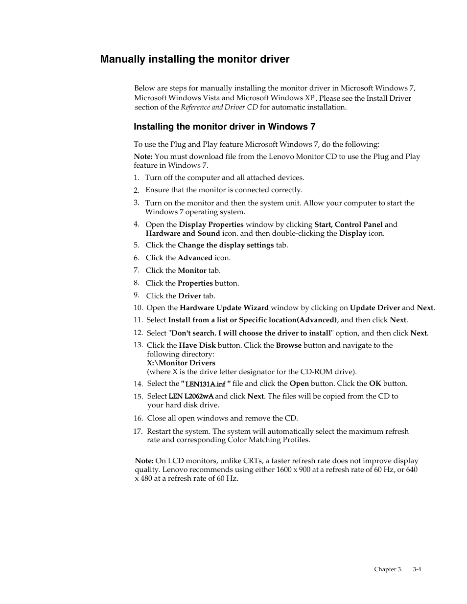 Manually installing the monitor driver, Installing the monitor driver in windows 7 | Lenovo L2062 User Manual | Page 22 / 27