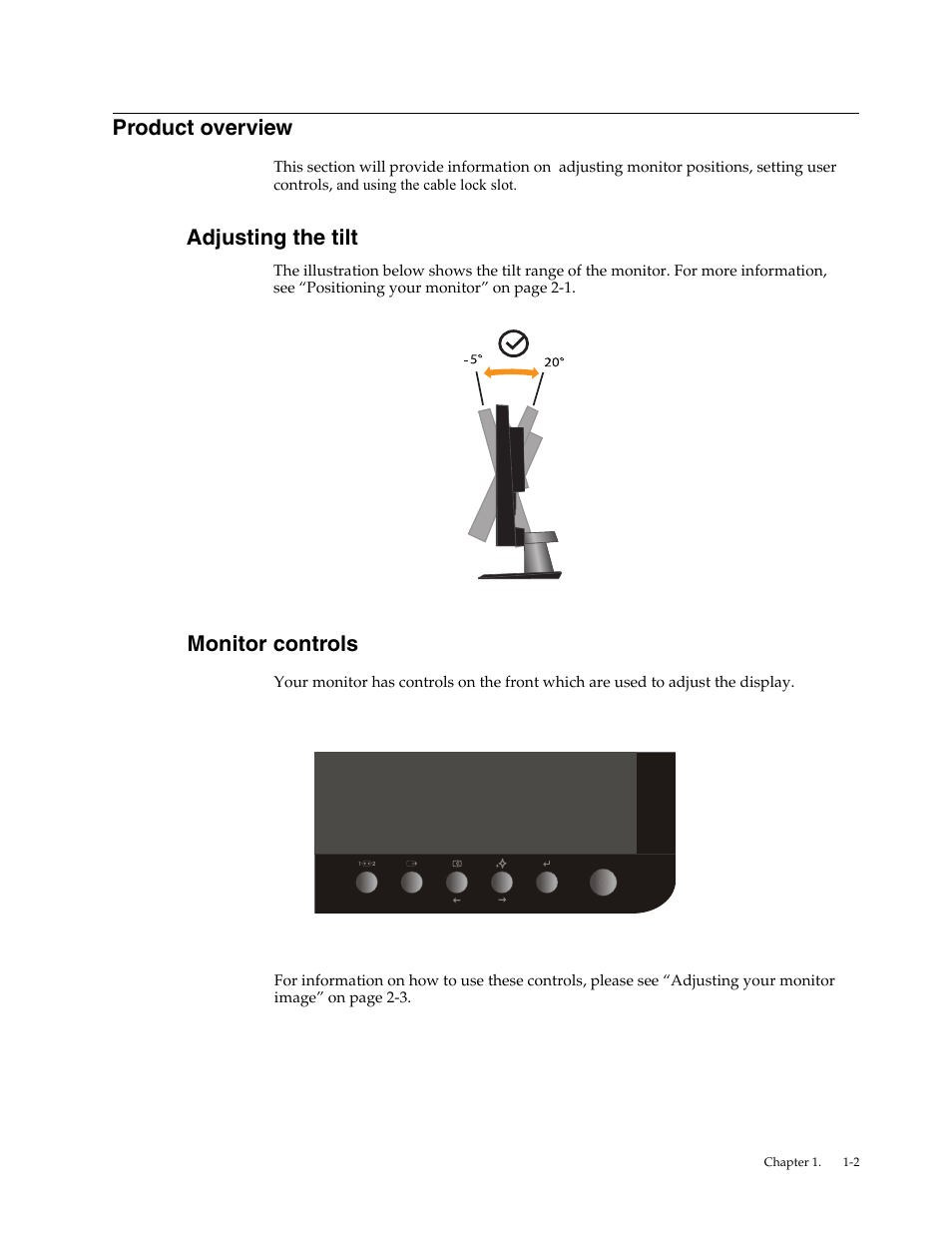 Product overview, Adjusting the tilt, Monitor controls | Lenovo L2062 User Manual | Page 6 / 27