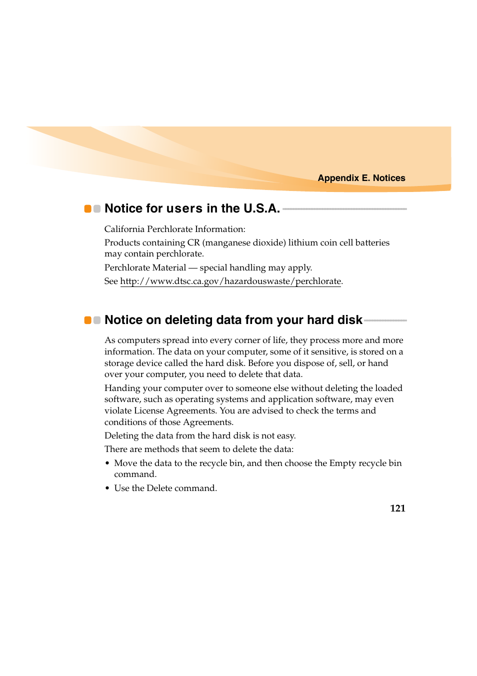 Notice for users in the u.s.a, Notice on deleting data from your hard disk | Lenovo IdeaPad Y460 User Manual | Page 135 / 144