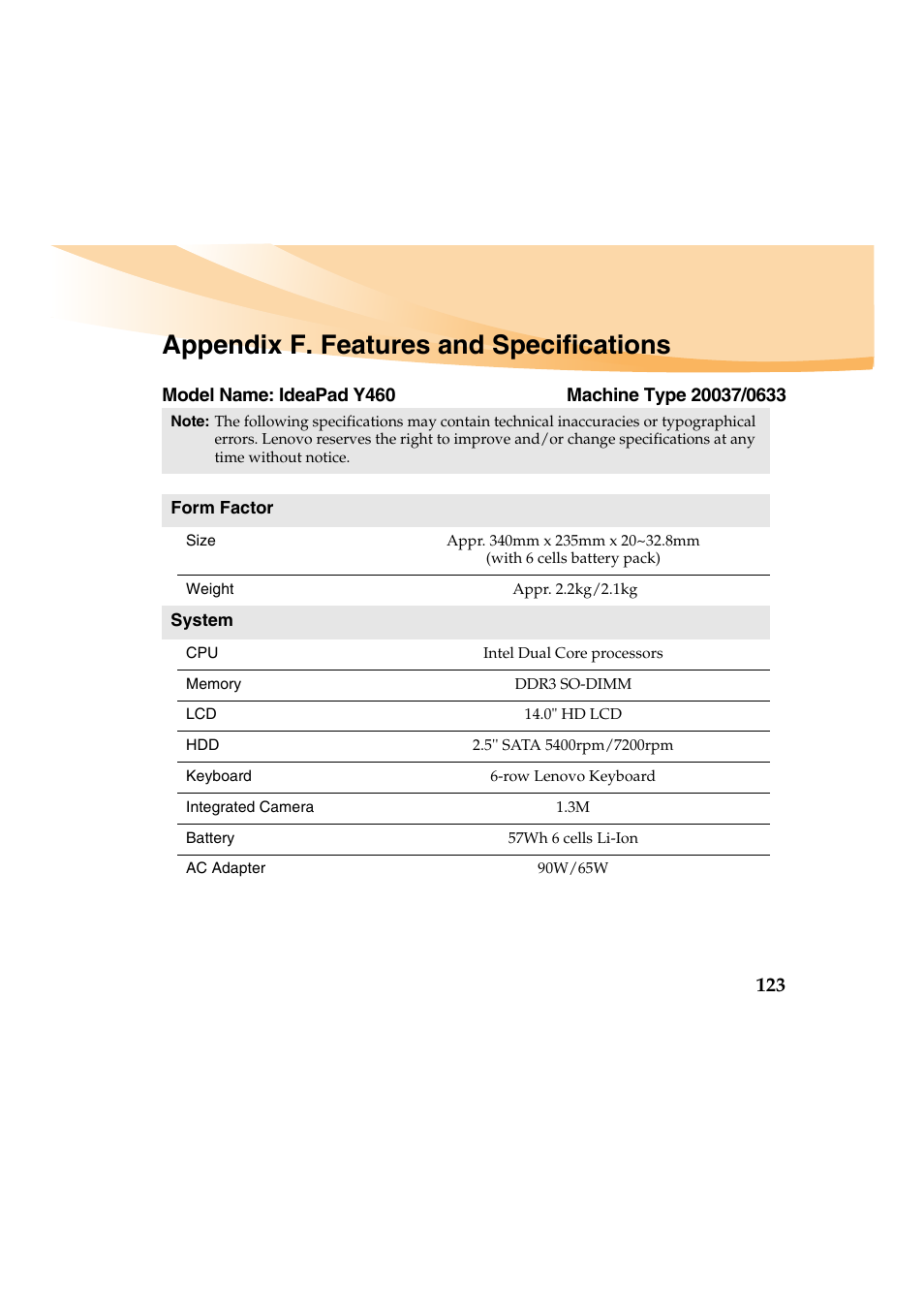 Appendix f. features and specifications | Lenovo IdeaPad Y460 User Manual | Page 137 / 144
