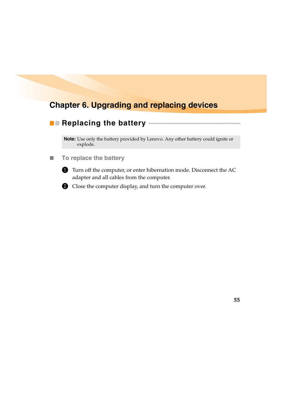 Chapter 6. upgrading and replacing devices, Replacing the battery | Lenovo IdeaPad Y460 User Manual | Page 69 / 144