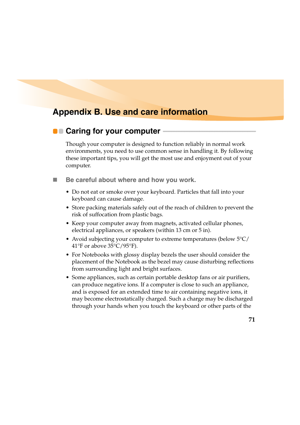 Appendix b. use and care information, Caring for your computer | Lenovo IdeaPad Y460 User Manual | Page 85 / 144