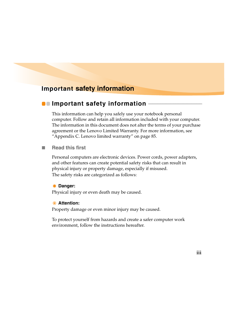 Important safety information, Important safety information...... iii, Important safety information ....iii | Safety information, Important | Lenovo IdeaPad Y460 User Manual | Page 9 / 144