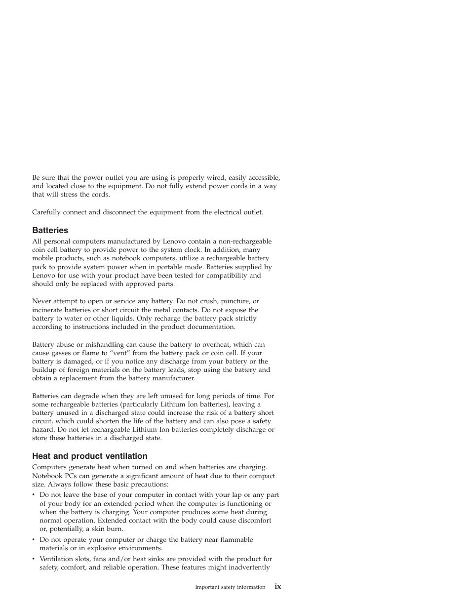 Batteries, Heat and product ventilation, Heat | Product, Ventilation | Lenovo 3000 J User Manual | Page 11 / 90