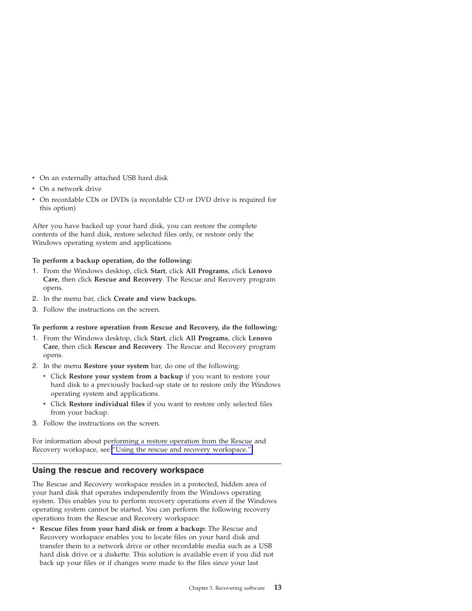 Using the rescue and recovery workspace, Using, Rescue | Recovery, Workspace | Lenovo 3000 J User Manual | Page 31 / 90