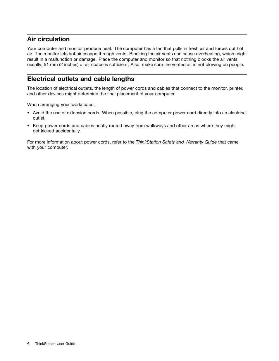 Air circulation, Electrical outlets and cable lengths | Lenovo THINKSTATION 4105 User Manual | Page 10 / 66