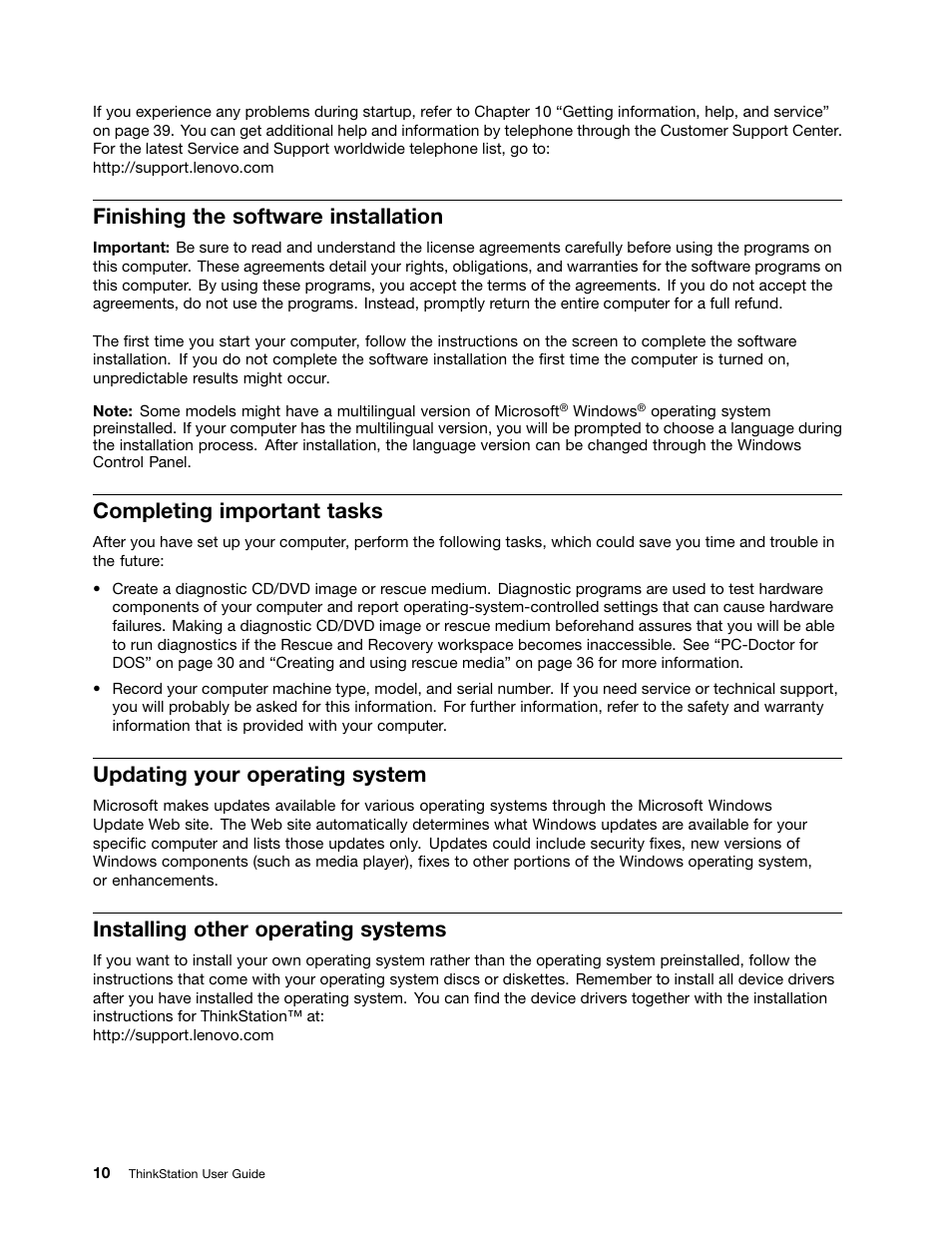 Finishing the software installation, Completing important tasks, Updating your operating system | Installing other operating systems | Lenovo THINKSTATION 4105 User Manual | Page 16 / 66