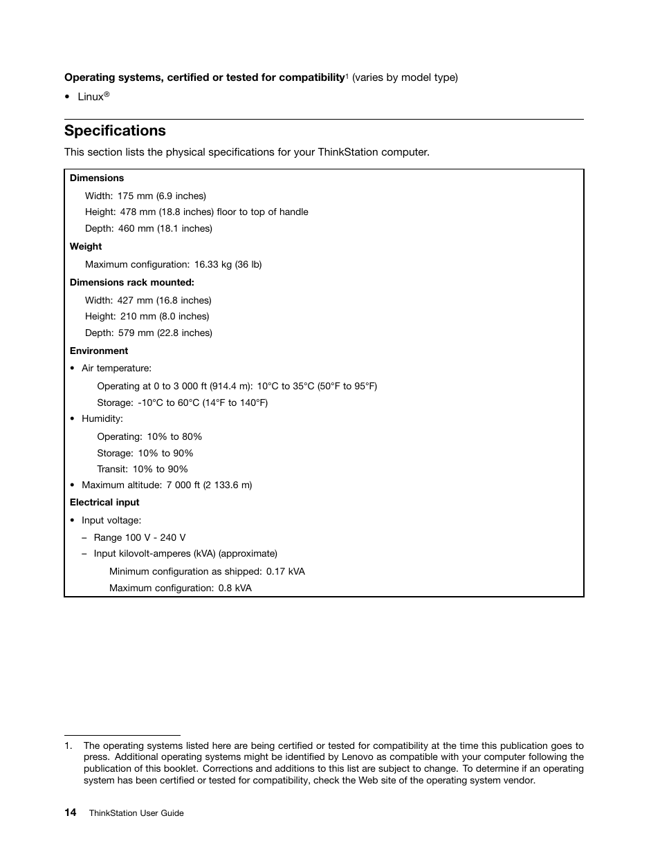 Specifications | Lenovo THINKSTATION 4105 User Manual | Page 20 / 66