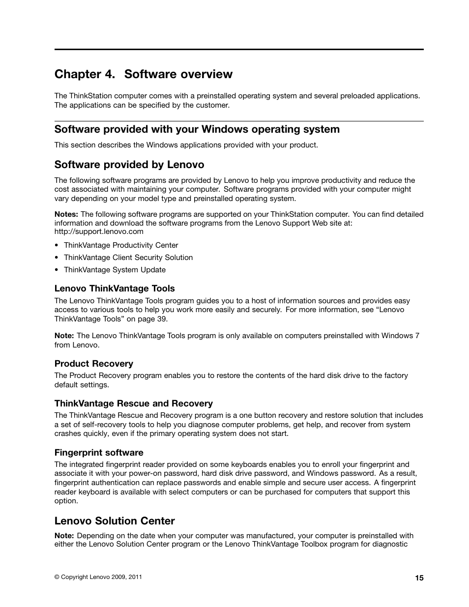 Chapter 4. software overview, Software provided by lenovo, Lenovo solution center | Lenovo THINKSTATION 4105 User Manual | Page 21 / 66