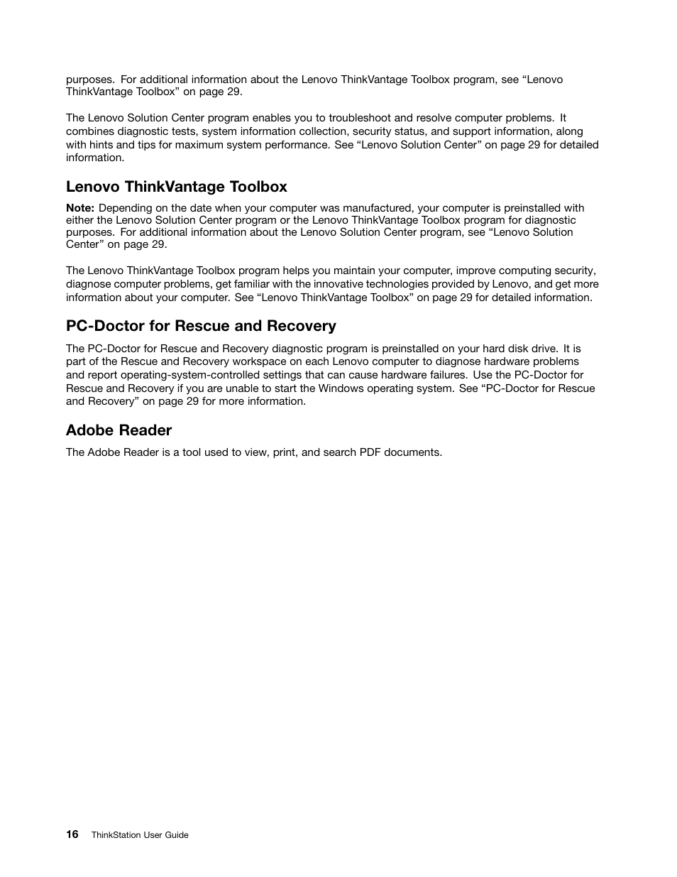 Lenovo thinkvantage toolbox, Pc-doctor for rescue and recovery, Adobe reader | Lenovo THINKSTATION 4105 User Manual | Page 22 / 66