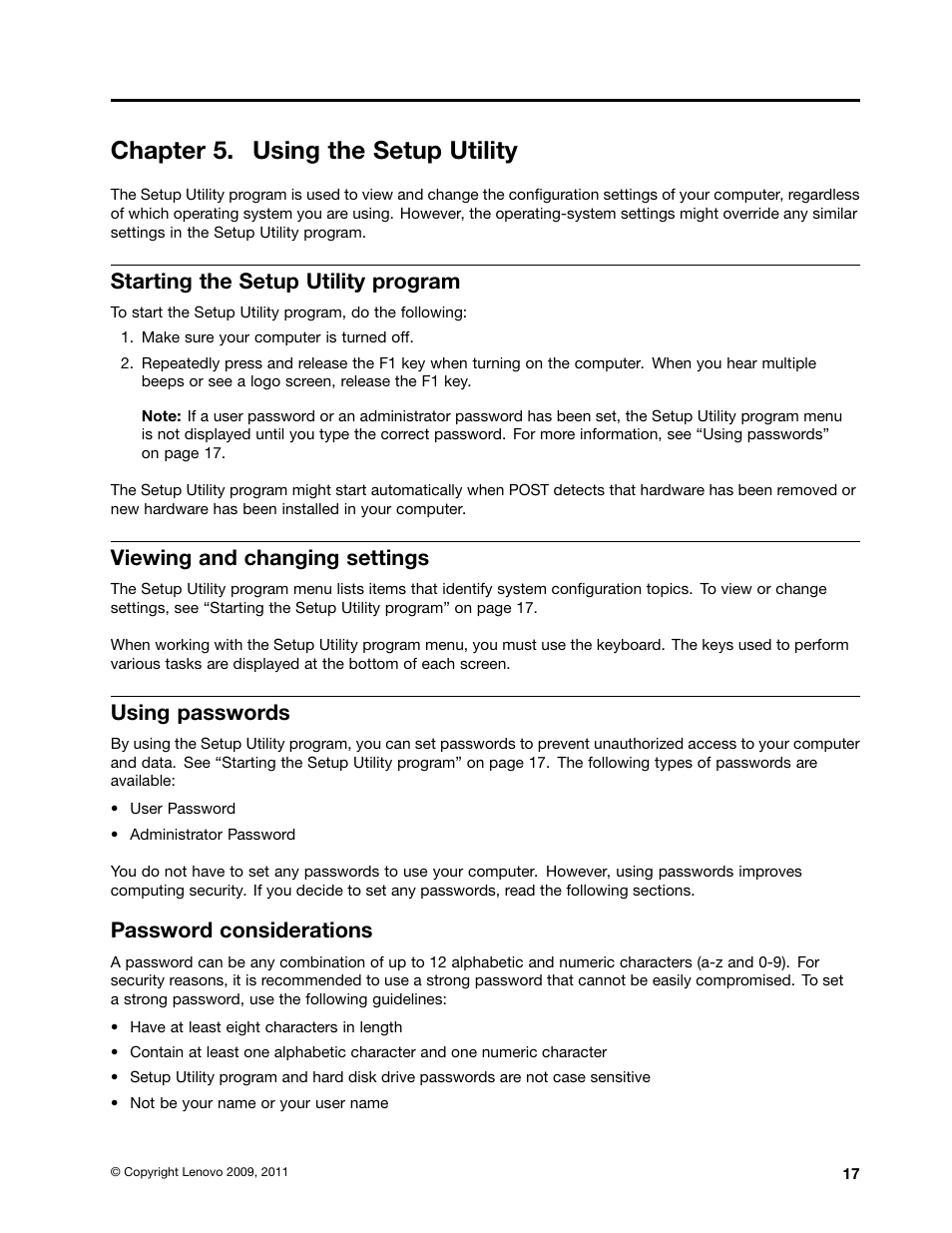 Chapter 5. using the setup utility, Starting the setup utility program, Viewing and changing settings | Using passwords, Password considerations | Lenovo THINKSTATION 4105 User Manual | Page 23 / 66