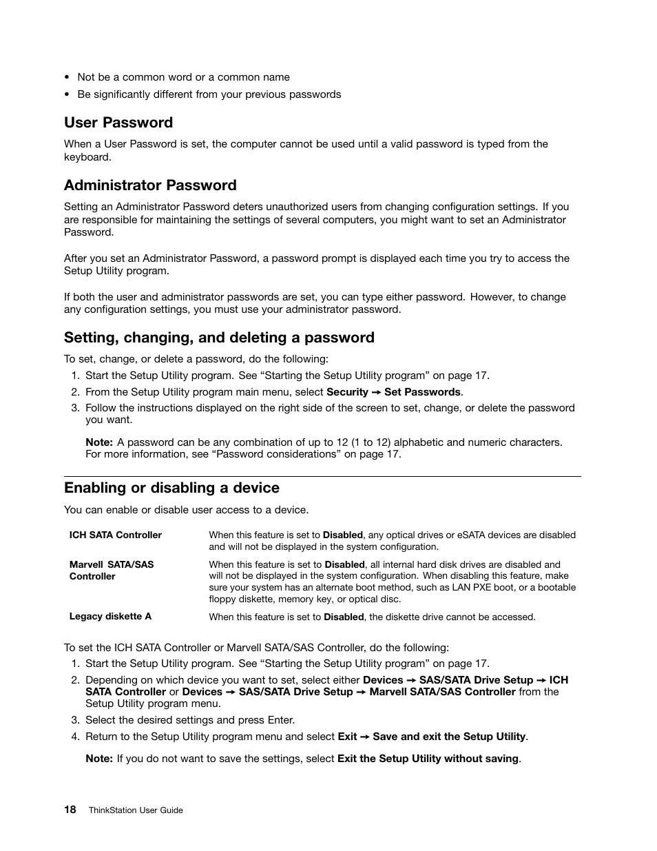 User password, Administrator password, Setting, changing, and deleting a password | Enabling or disabling a device | Lenovo THINKSTATION 4105 User Manual | Page 24 / 66