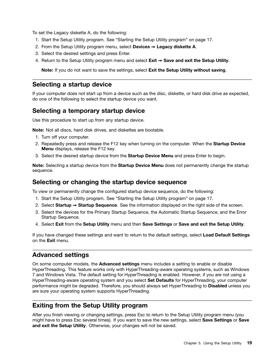 Selecting a startup device, Selecting a temporary startup device, Selecting or changing the startup device sequence | Advanced settings, Exiting from the setup utility program | Lenovo THINKSTATION 4105 User Manual | Page 25 / 66