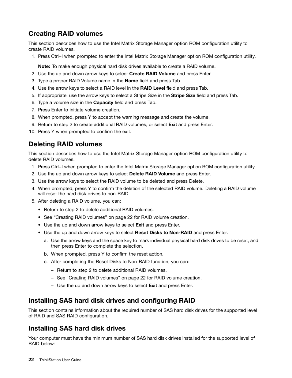 Creating raid volumes, Deleting raid volumes, Installing sas hard disk drives | Lenovo THINKSTATION 4105 User Manual | Page 28 / 66