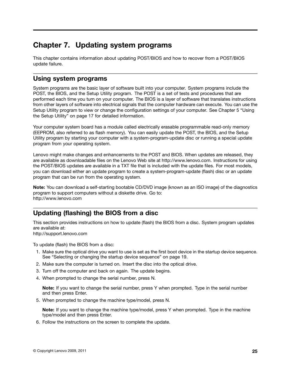 Chapter 7. updating system programs, Using system programs, Updating (flashing) the bios from a disc | Lenovo THINKSTATION 4105 User Manual | Page 31 / 66