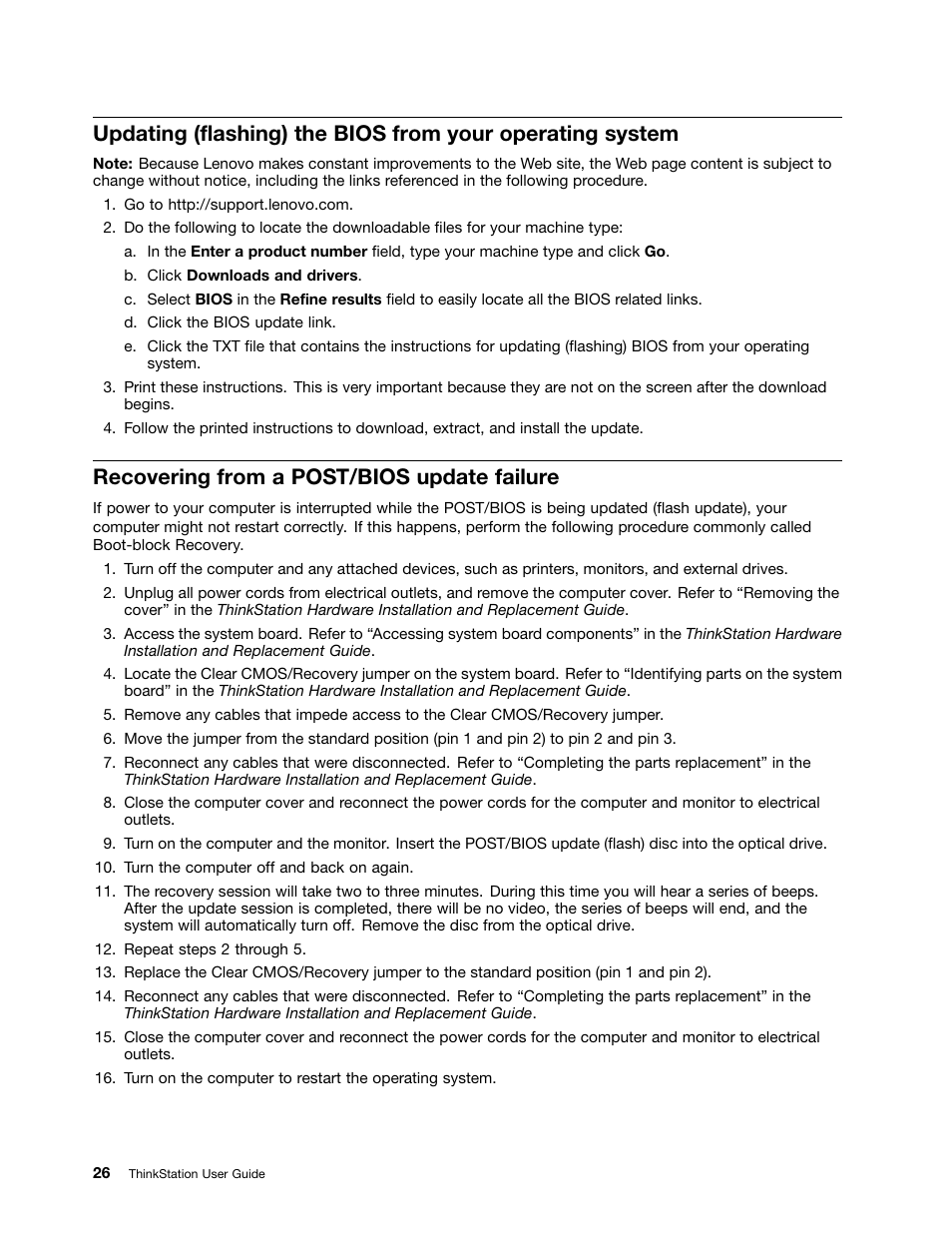 Recovering from a post/bios update failure | Lenovo THINKSTATION 4105 User Manual | Page 32 / 66