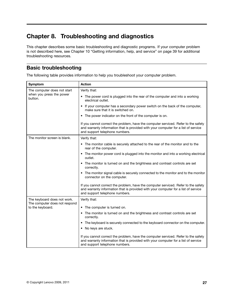 Chapter 8. troubleshooting and diagnostics, Basic troubleshooting | Lenovo THINKSTATION 4105 User Manual | Page 33 / 66