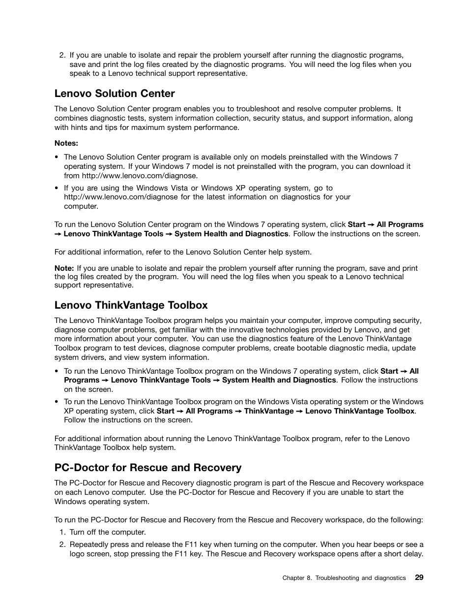 Lenovo solution center, Lenovo thinkvantage toolbox, Pc-doctor for rescue and recovery | Lenovo THINKSTATION 4105 User Manual | Page 35 / 66