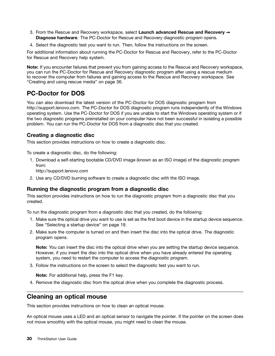 Pc-doctor for dos, Cleaning an optical mouse | Lenovo THINKSTATION 4105 User Manual | Page 36 / 66