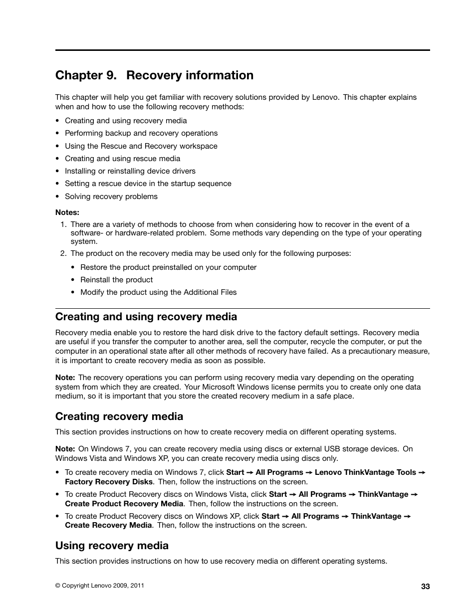 Chapter 9. recovery information, Creating and using recovery media, Creating recovery media | Using recovery media | Lenovo THINKSTATION 4105 User Manual | Page 39 / 66