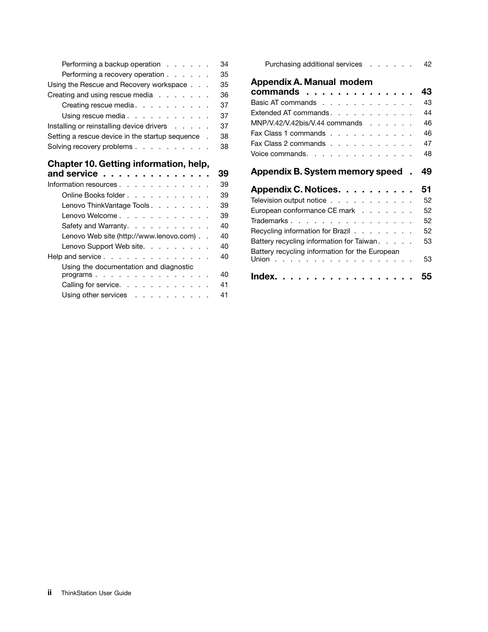 Chapter 10. getting information, help, and service, Appendix a. manual modem commands, Index | Lenovo THINKSTATION 4105 User Manual | Page 4 / 66