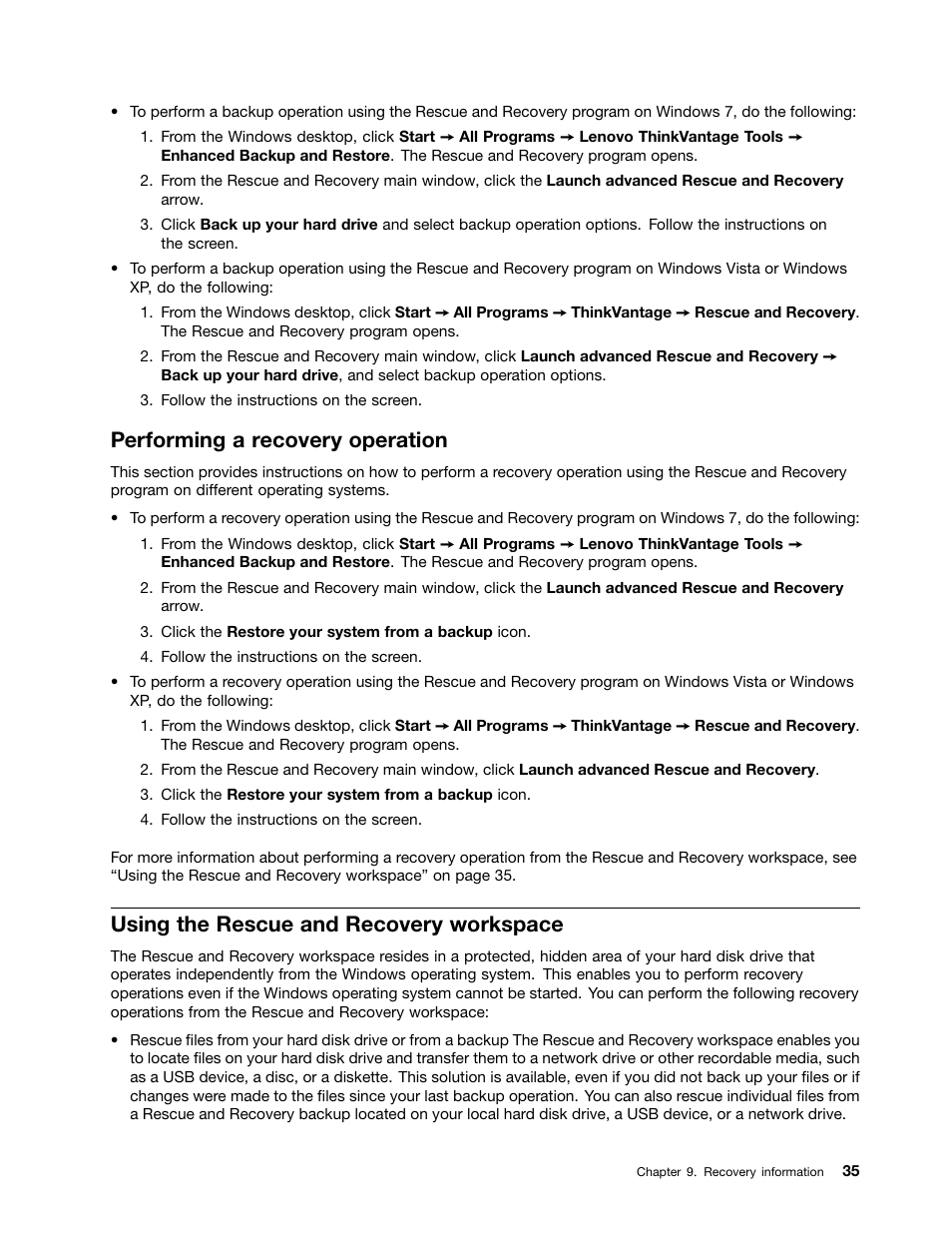 Performing a recovery operation, Using the rescue and recovery workspace | Lenovo THINKSTATION 4105 User Manual | Page 41 / 66