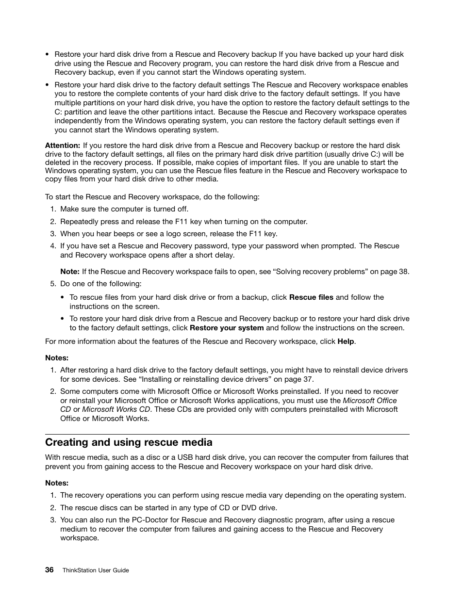 Creating and using rescue media | Lenovo THINKSTATION 4105 User Manual | Page 42 / 66