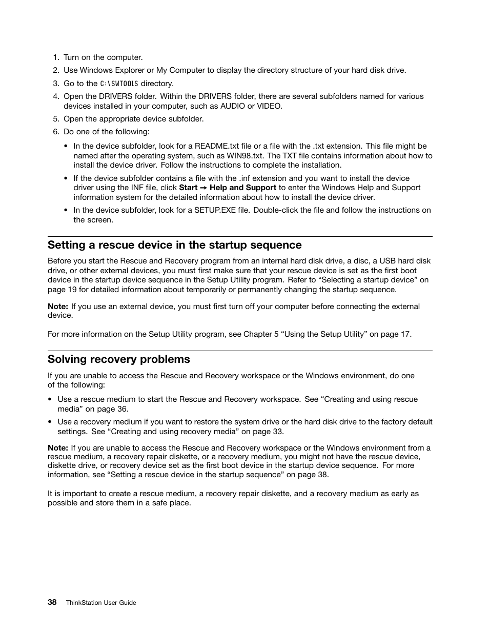 Setting a rescue device in the startup sequence, Solving recovery problems | Lenovo THINKSTATION 4105 User Manual | Page 44 / 66