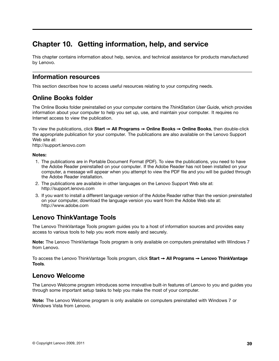 Chapter 10. getting information, help, and service, Information resources, Online books folder | Lenovo thinkvantage tools, Lenovo welcome | Lenovo THINKSTATION 4105 User Manual | Page 45 / 66