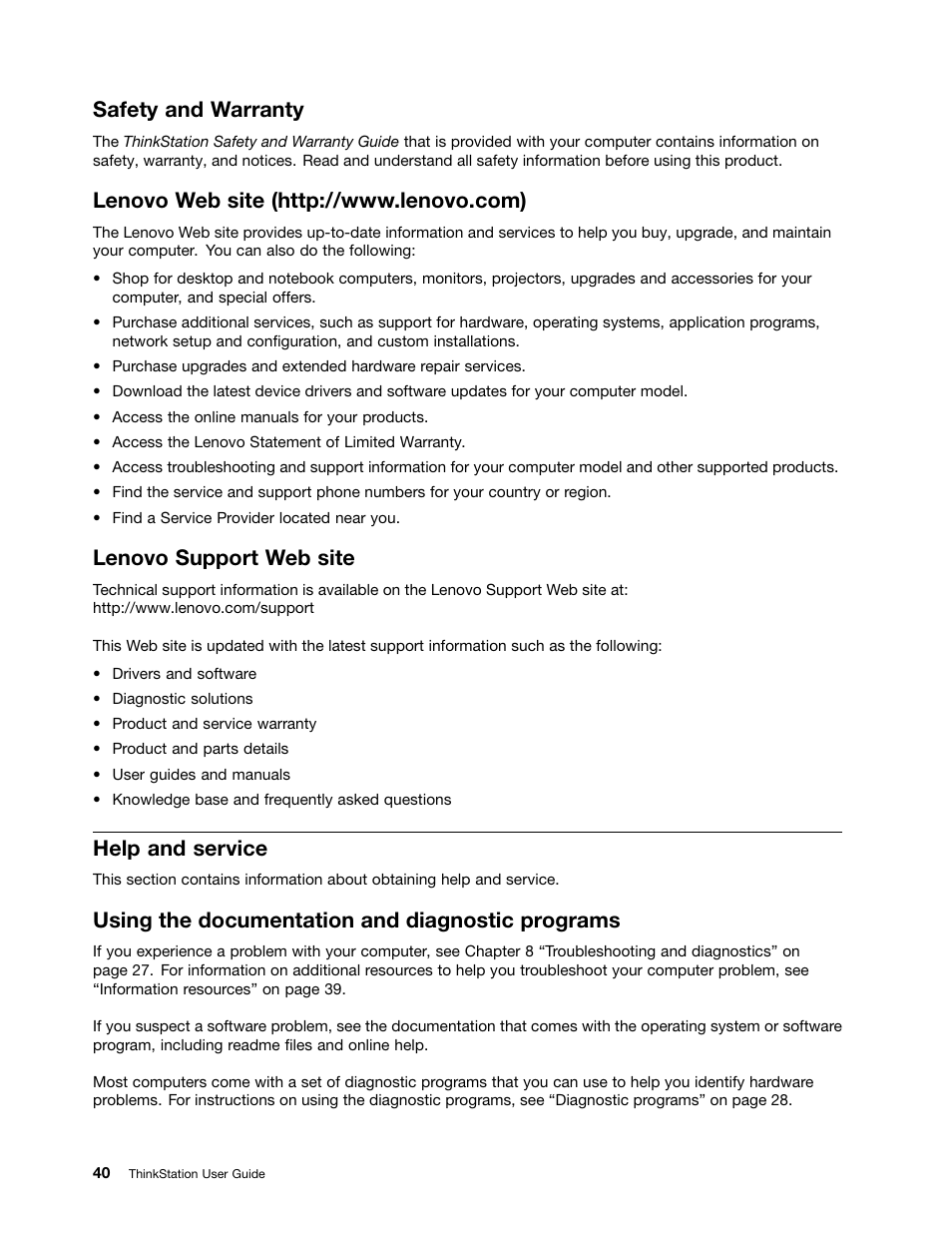 Safety and warranty, Lenovo web site (http://www.lenovo.com), Lenovo support web site | Help and service, Using the documentation and diagnostic programs | Lenovo THINKSTATION 4105 User Manual | Page 46 / 66