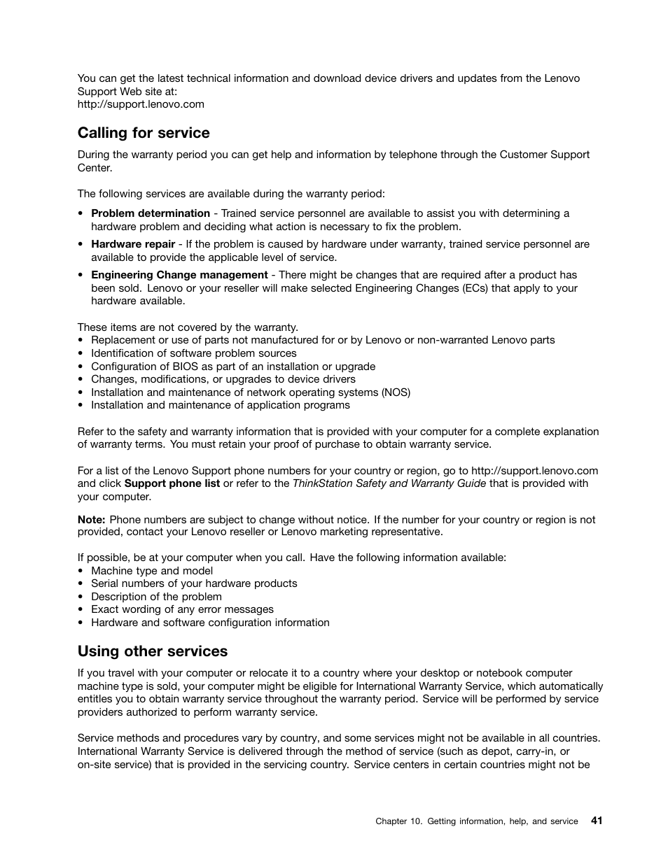 Calling for service, Using other services | Lenovo THINKSTATION 4105 User Manual | Page 47 / 66