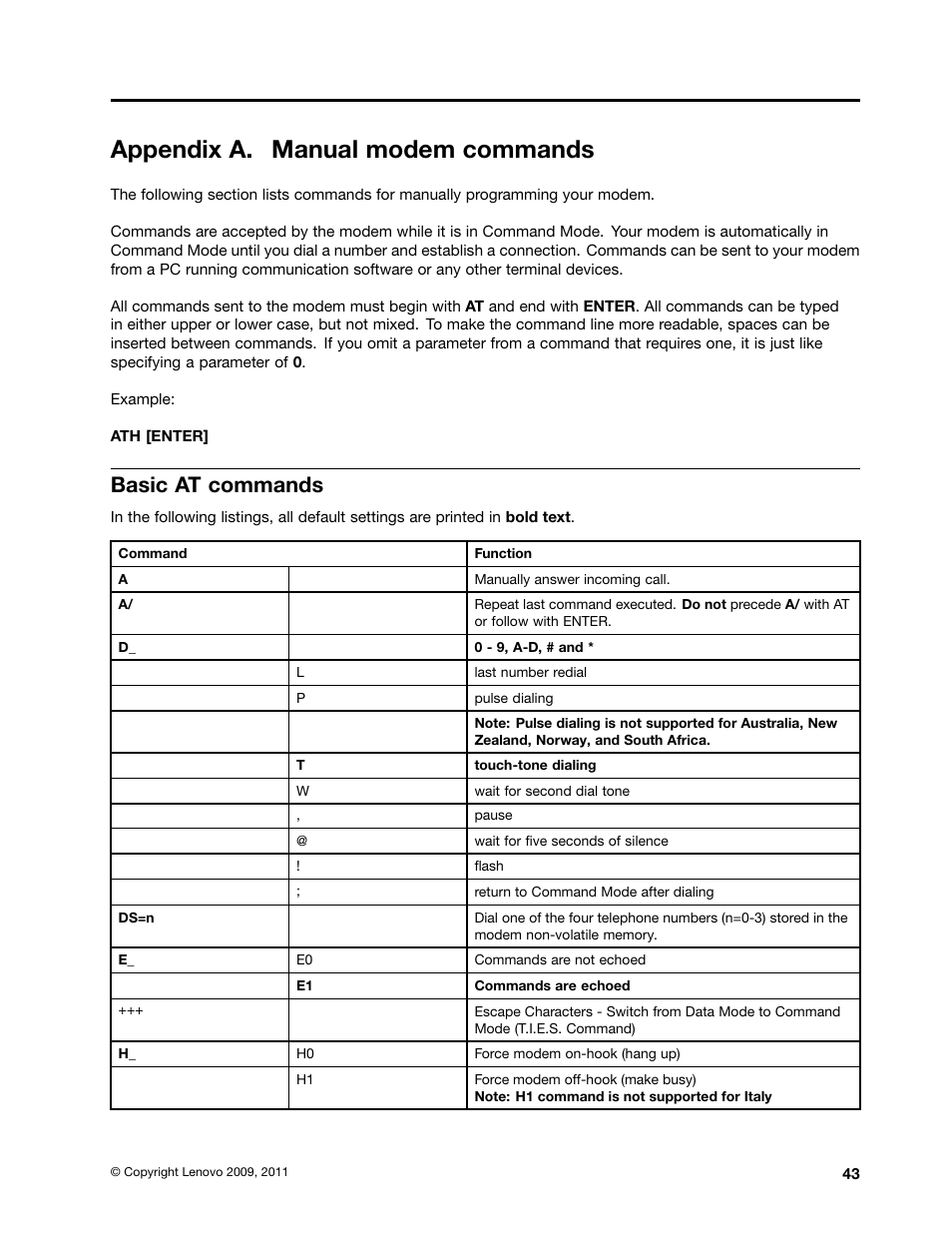 Appendix a. manual modem commands, Basic at commands | Lenovo THINKSTATION 4105 User Manual | Page 49 / 66