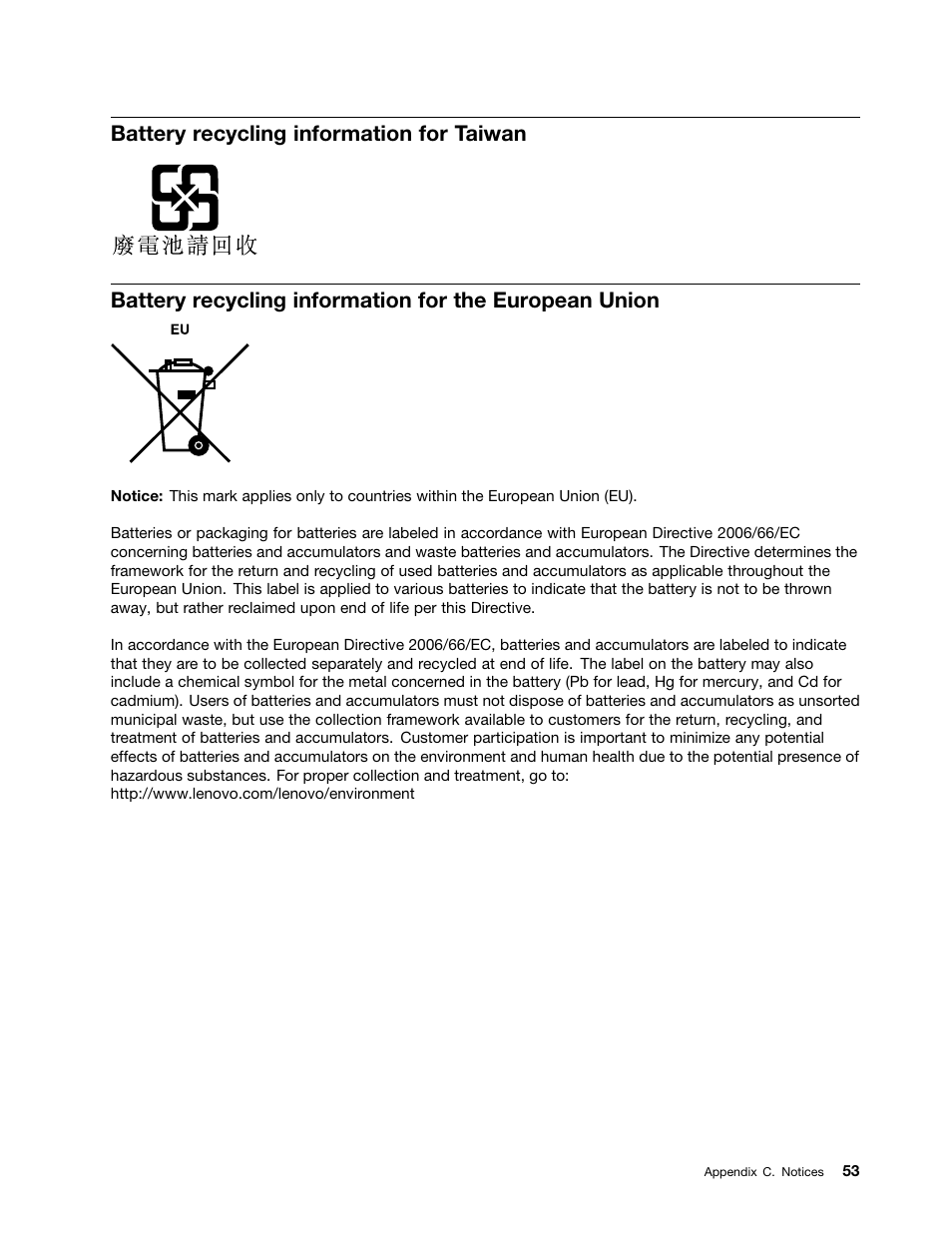 Battery recycling information for taiwan | Lenovo THINKSTATION 4105 User Manual | Page 59 / 66