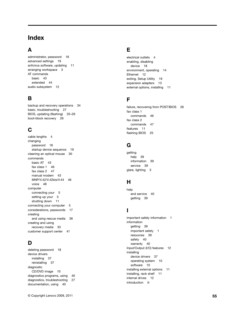 Index | Lenovo THINKSTATION 4105 User Manual | Page 61 / 66