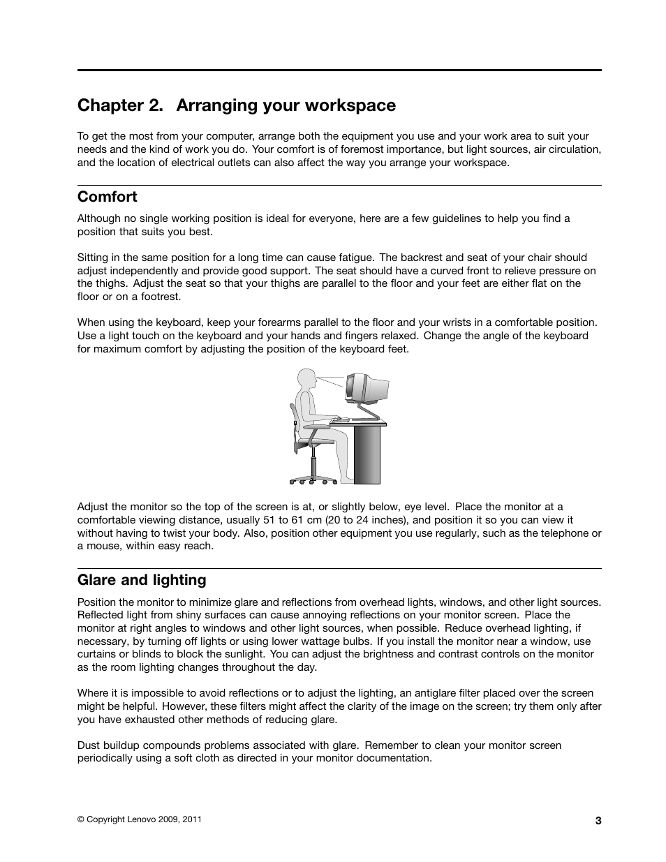 Chapter 2. arranging your workspace, Comfort, Glare and lighting | Lenovo THINKSTATION 4105 User Manual | Page 9 / 66