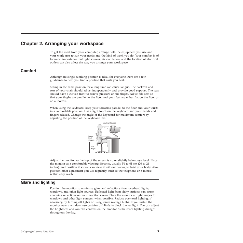 Chapter 2. arranging your workspace, Comfort, Glare and lighting | Lenovo THINKSTATION 4155 User Manual | Page 11 / 74
